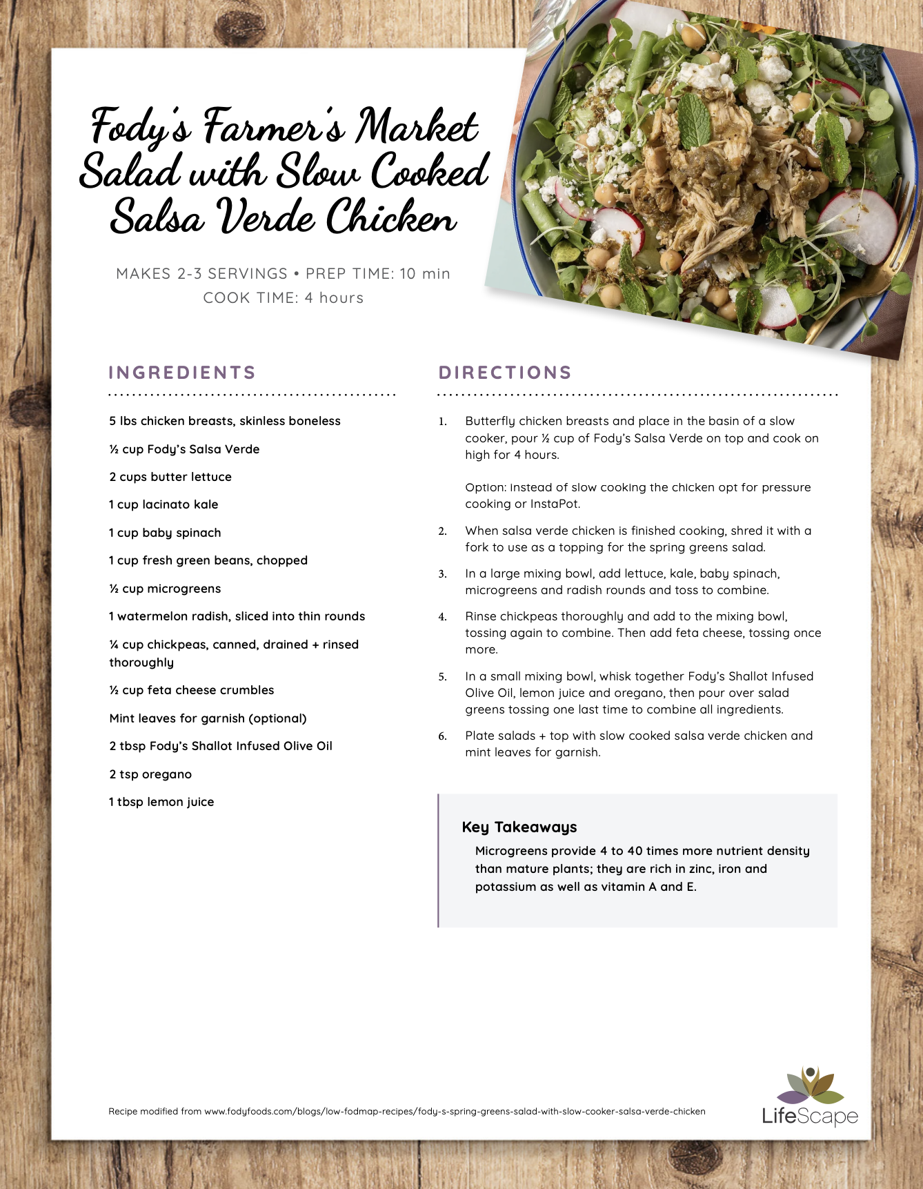 Fody’s Farmer’s Market Salad with Slow Cooked Salsa Verde Chicken